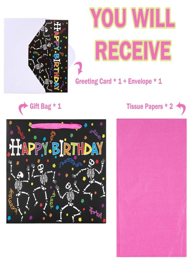 WRAPAHOLIC Skeleton Birthday Gift Bags with Tissue Paper and Card - 10 x 5 x 13 inch - Colorful Skeleton Happy Birthday Paper Bags for Kids Girls Boys, Halloween - Image 3